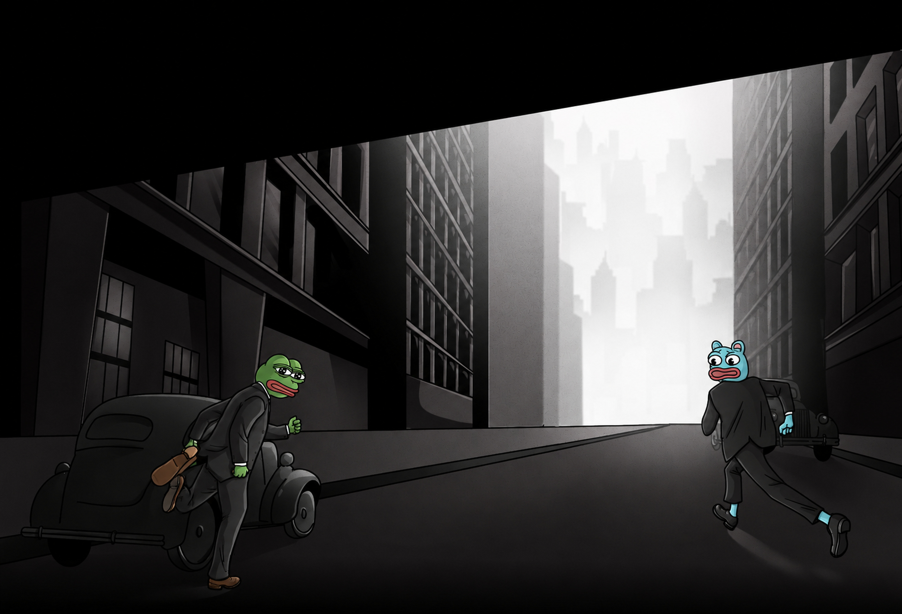 Pepe and Brett running through a noir city