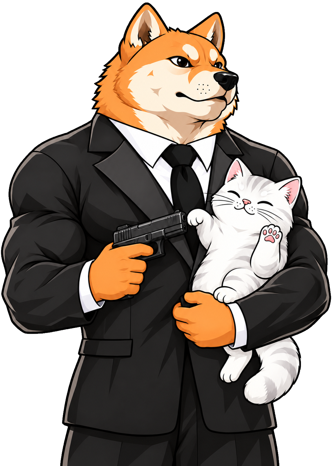 Muscular Shiba Inu holding a pistol and a white cat
